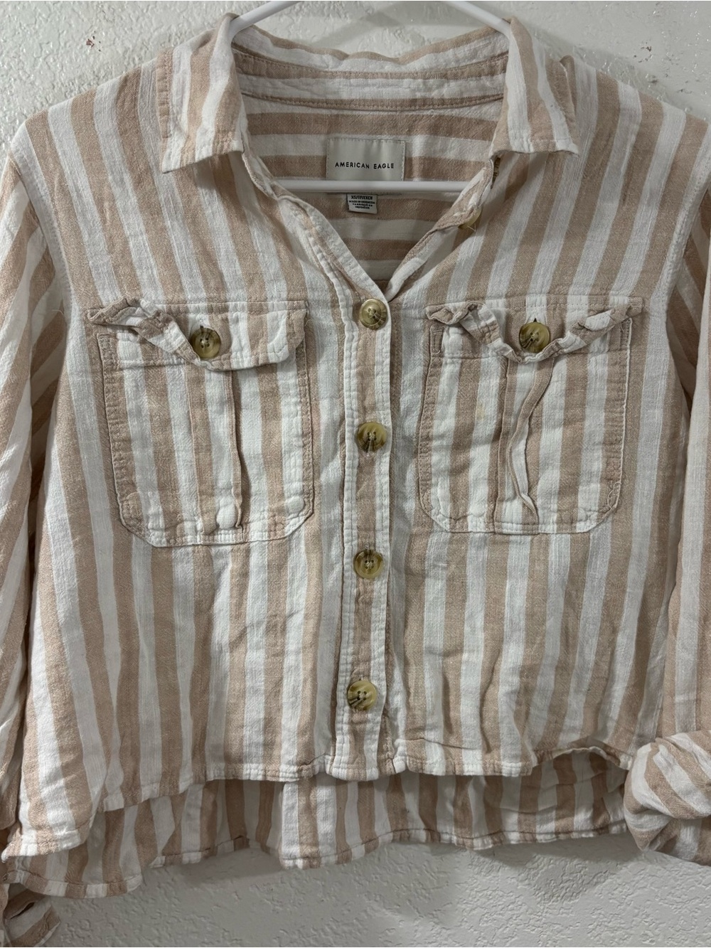 American Eagle Outfitters Beige and White Striped Button-Down Shirt